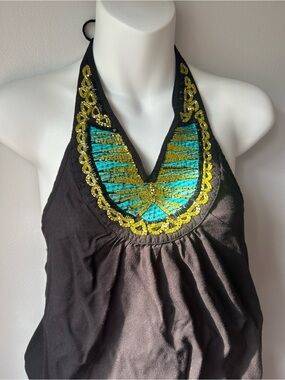 Halter Jumpsuit with Embroidered  Teal & Gold Accent
